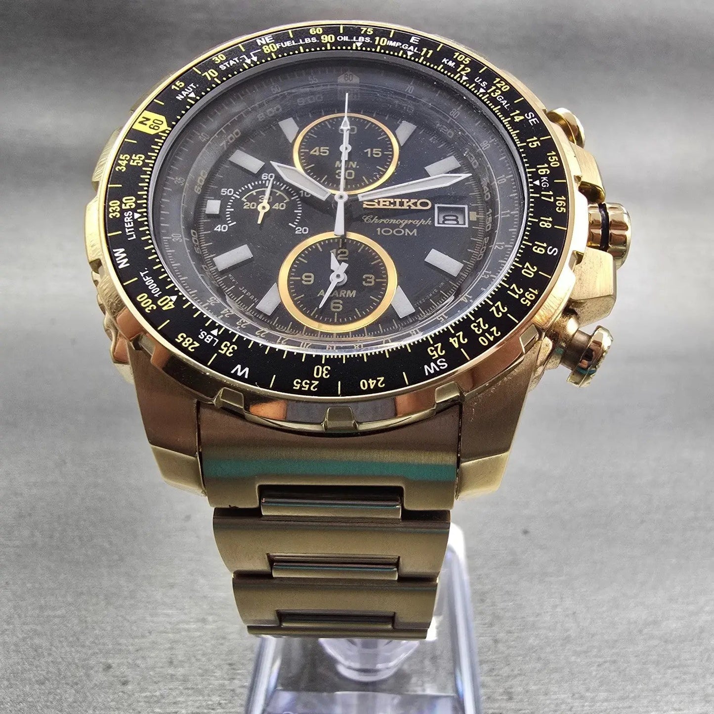 Seiko Flightmaster Chronograph Watch Men 45mm Black Dial Gold 7T62-0JR0 New Batt6