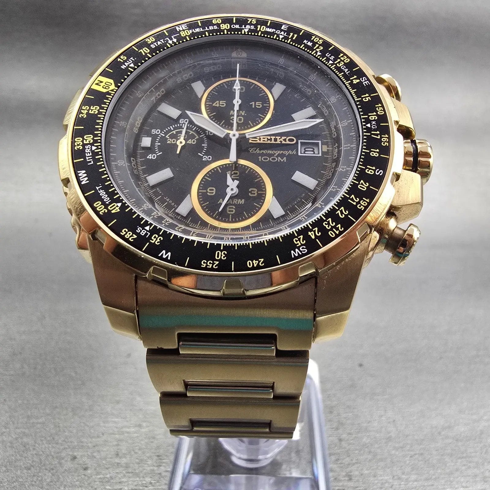 Seiko Flightmaster Chronograph Watch Men 45mm Black Dial Gold 7T62-0JR0 New Batt6