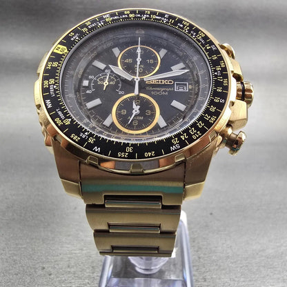 Seiko Flightmaster Chronograph Watch Men 45mm Black Dial Gold 7T62-0JR0 New Batt6