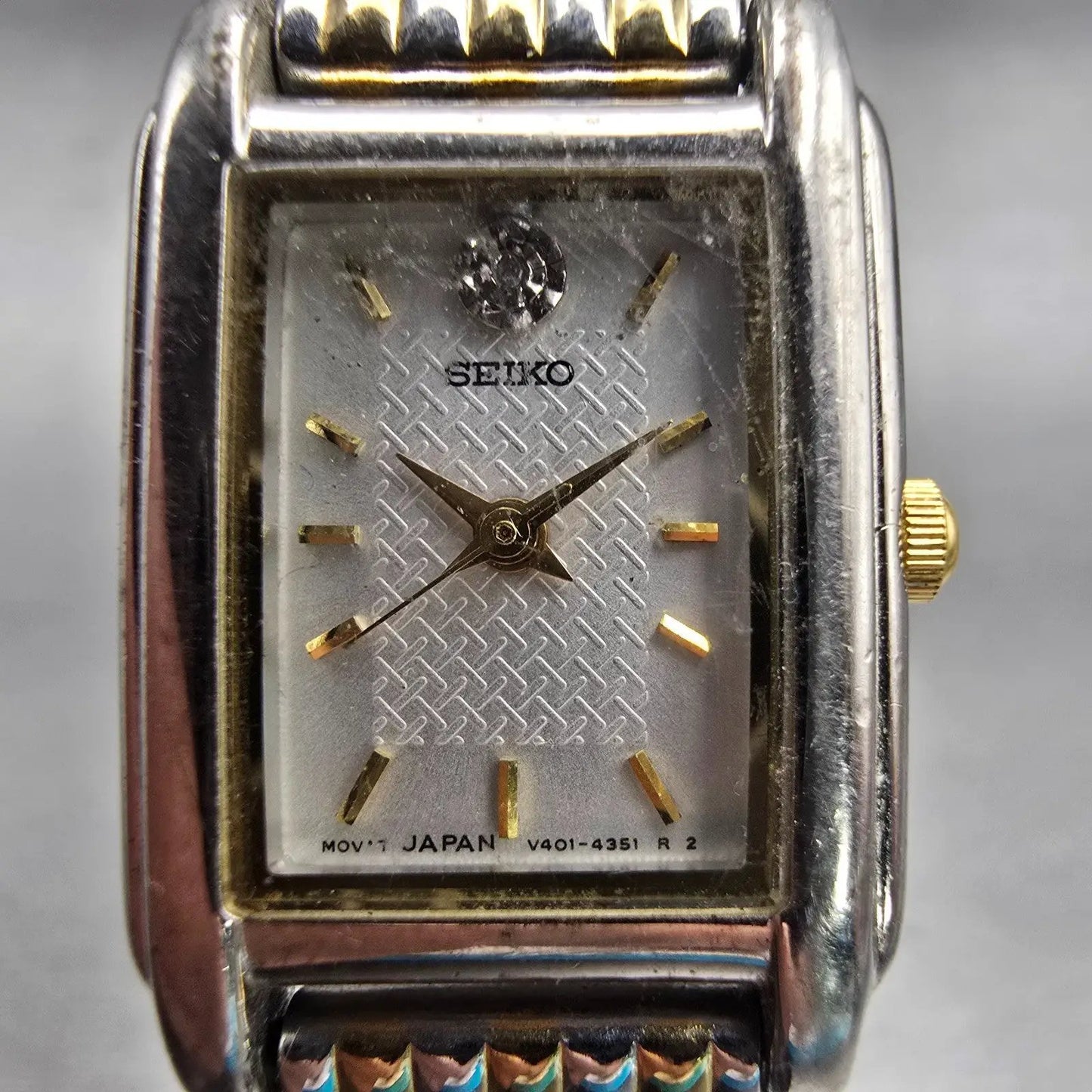 Seiko Watch Women 18mm Silver Dial Two Tone Rectangle V401-5660 New Battery VTG1
