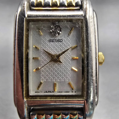 Seiko Watch Women 18mm Silver Dial Two Tone Rectangle V401-5660 New Battery VTG1
