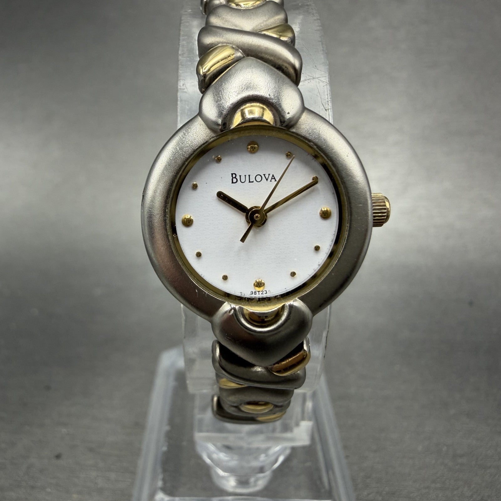 Bulova Watch Women 20mm White Dial Two Tone Round Bracelet 98T23 New Battery0