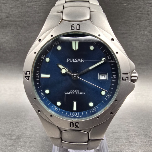 Seiko Pulsar Watch Men 37mm Blue Dial Silver Tone Date VX32-X206 New Battery0