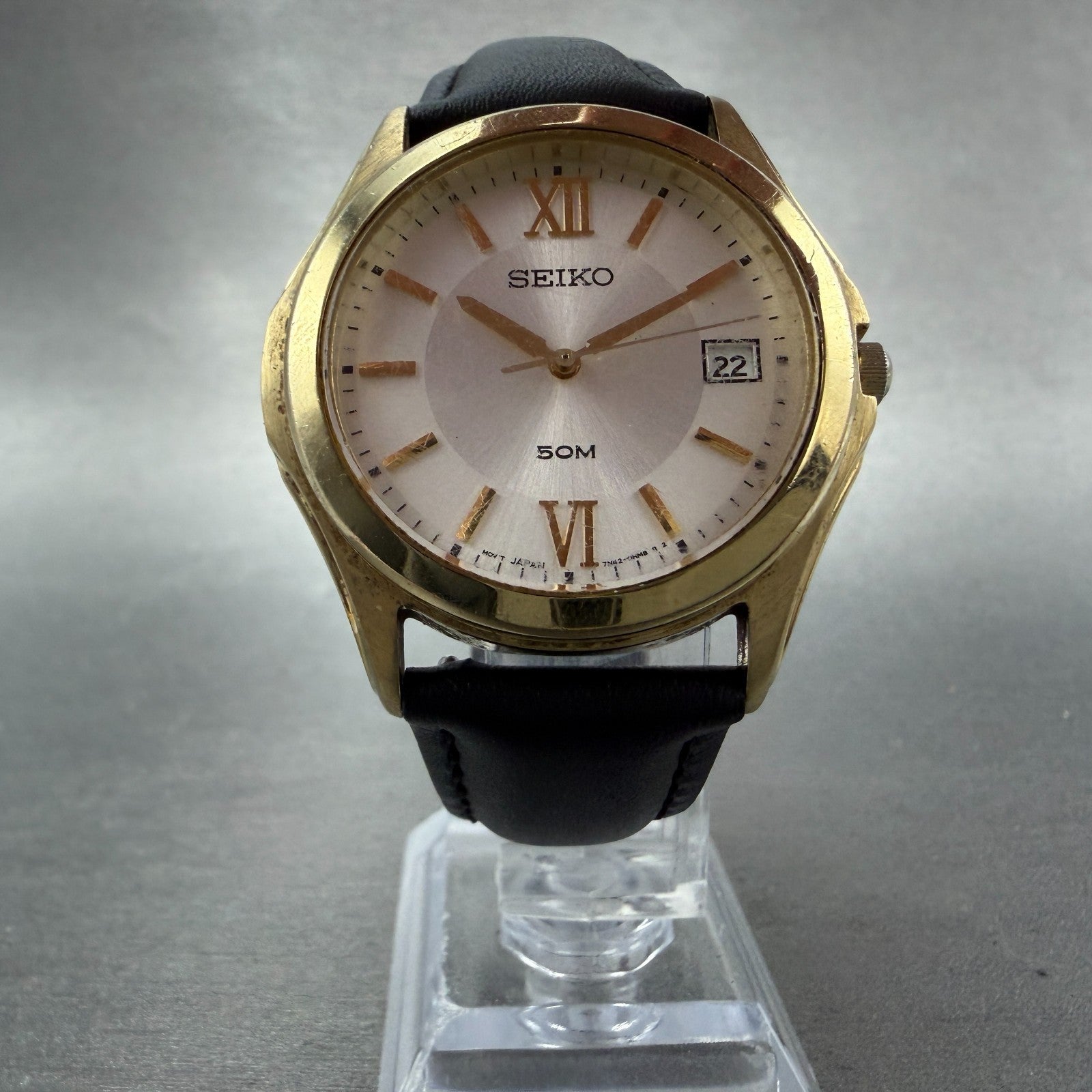 Seiko Watch Men 37mm Silver Dial Gold Tone Date Round 7N42-0EY0 New Battery VTG5