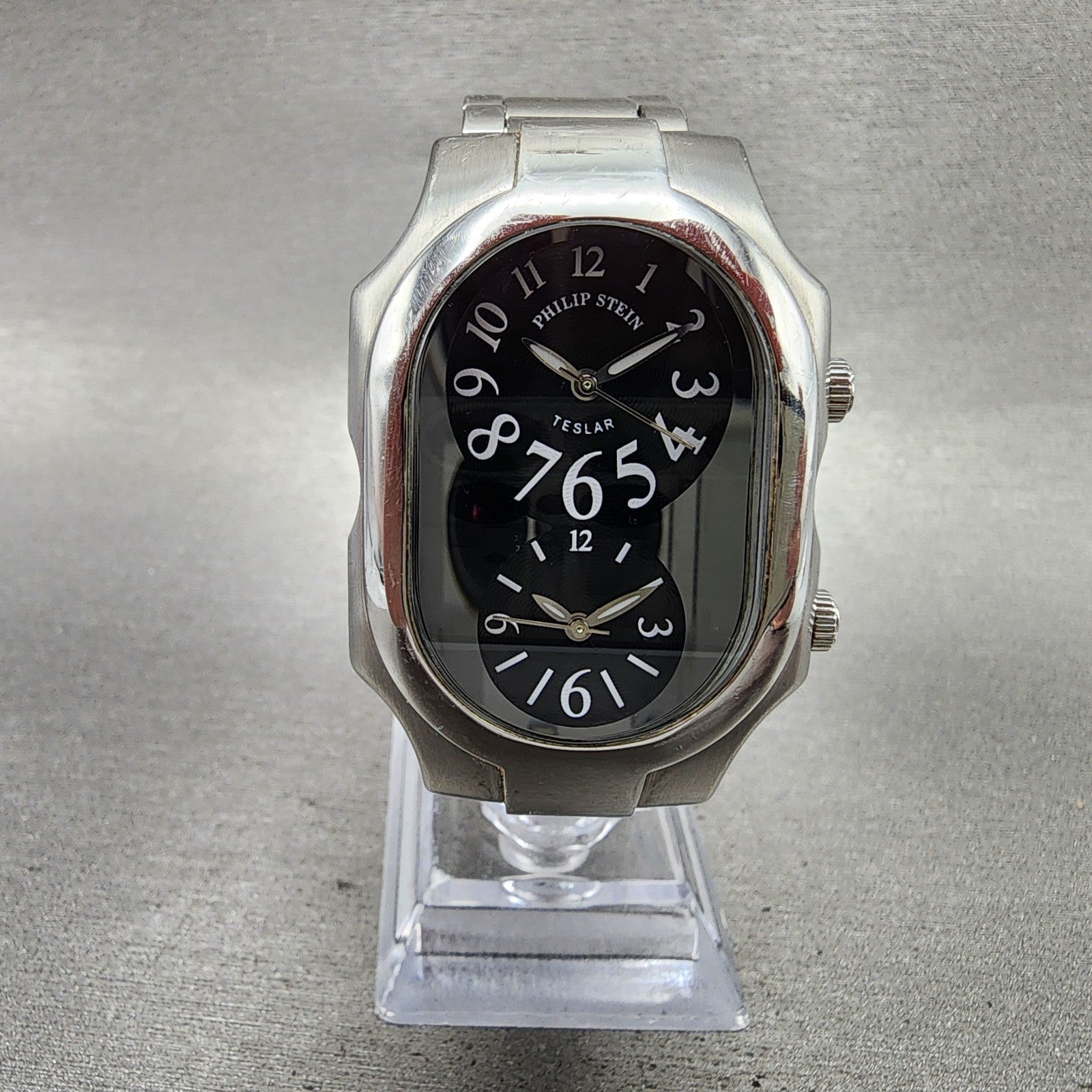 Philip Stein Teslar Watch Men 32mm Black Dial Steel Dual Time Oval New Battery0