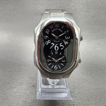 Philip Stein Teslar Watch Men 32mm Black Dial Steel Dual Time Oval New Battery0