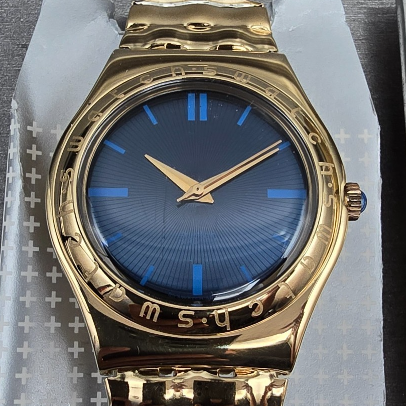 Swatch Irony Medium Evensong Watch Men 33mm Blue Dial Gold YLG110 New Batt NOS4