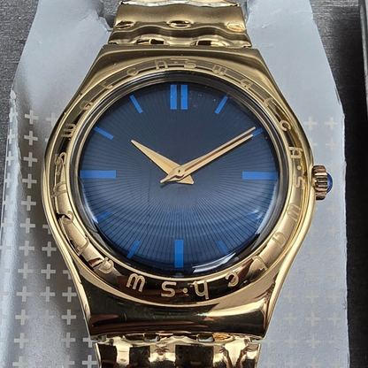 Swatch Irony Medium Evensong Watch Men 33mm Blue Dial Gold YLG110 New Batt NOS4