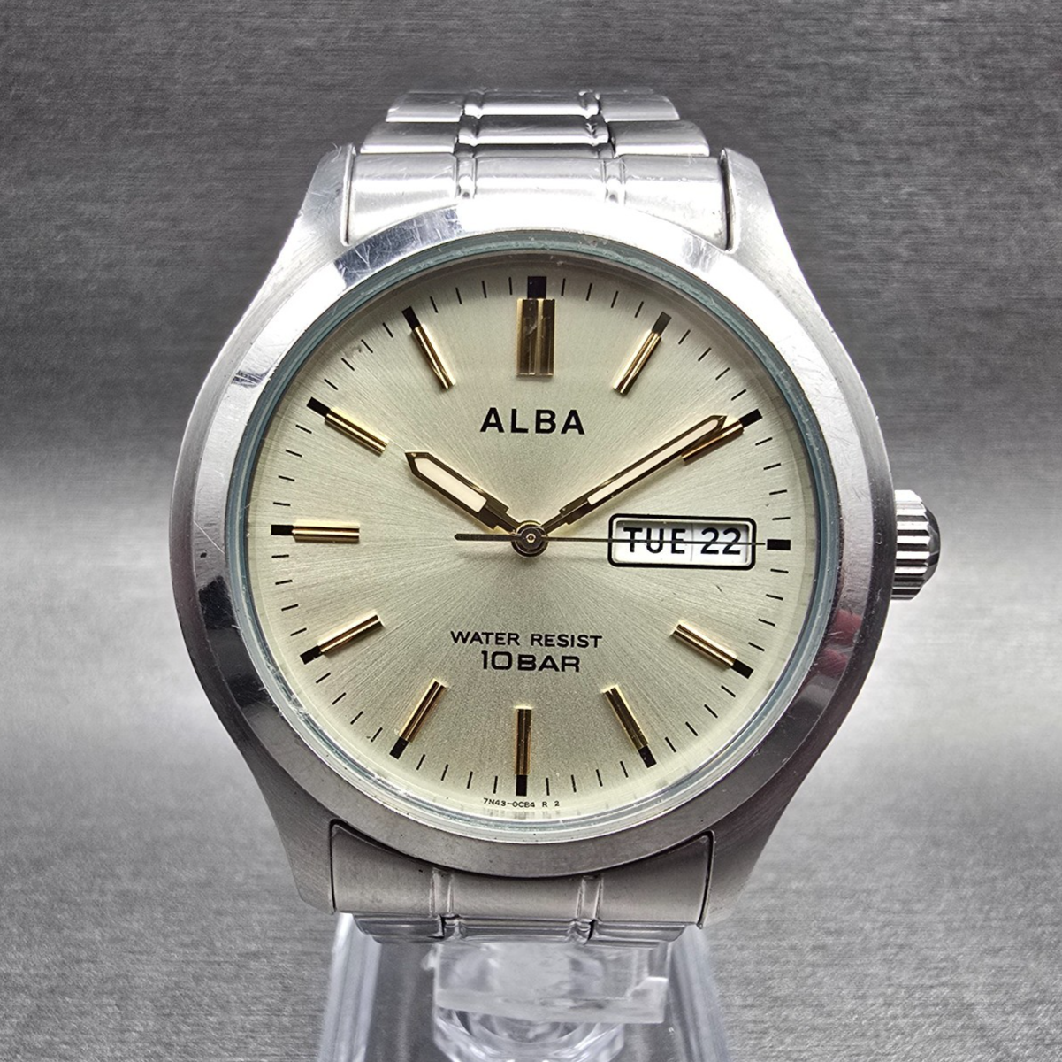 Seiko Alba Watch Men 38mm Champagne Dial Silver Tone Daydate 7N43-0BA0 New BattJ0