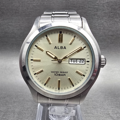 Seiko Alba Watch Men 38mm Champagne Dial Silver Tone Daydate 7N43-0BA0 New BattJ0