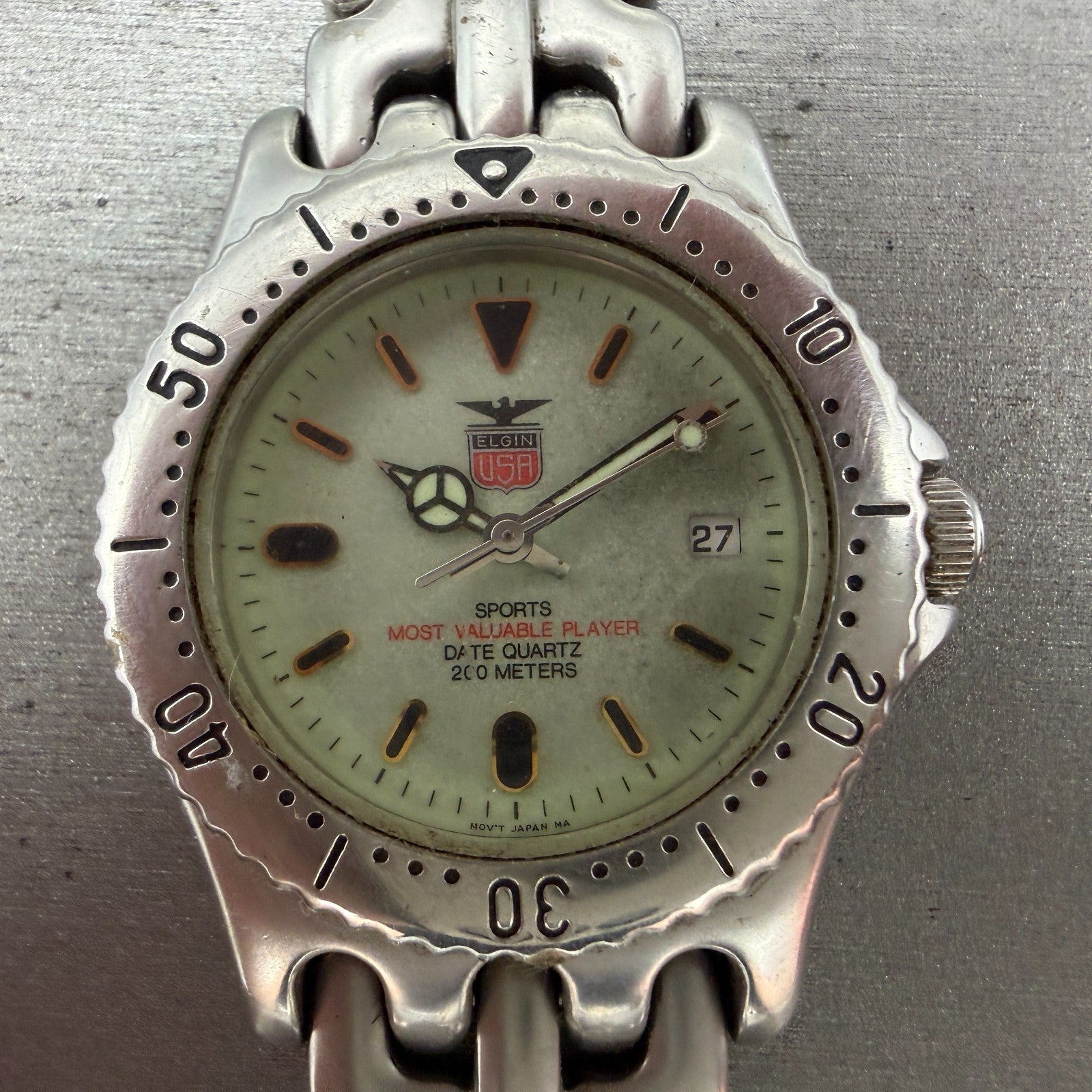 Elgin Dive Watch Men 37mm Gray Dial Silver Tone Date Round FK-592 New Battery1