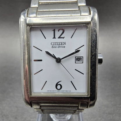 Citizen Eco-Drive Tank Watch Men 26mm White Dial Silver Date Rectangle Runs0