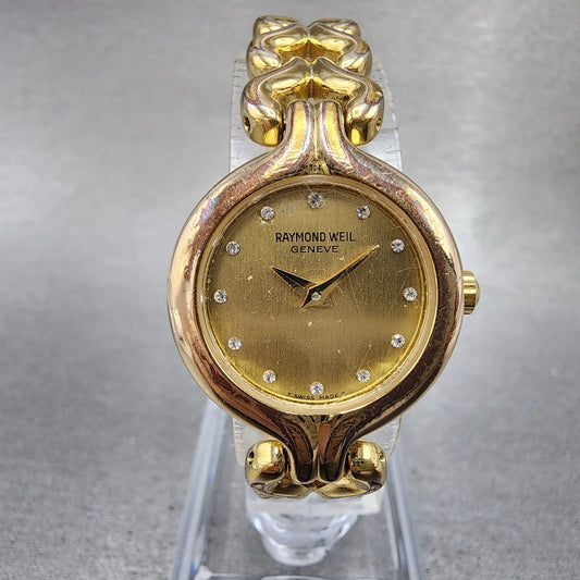 Raymond Weil Watch Women 23mm Gold Dial Gold Plated Round 5878 New Battery0