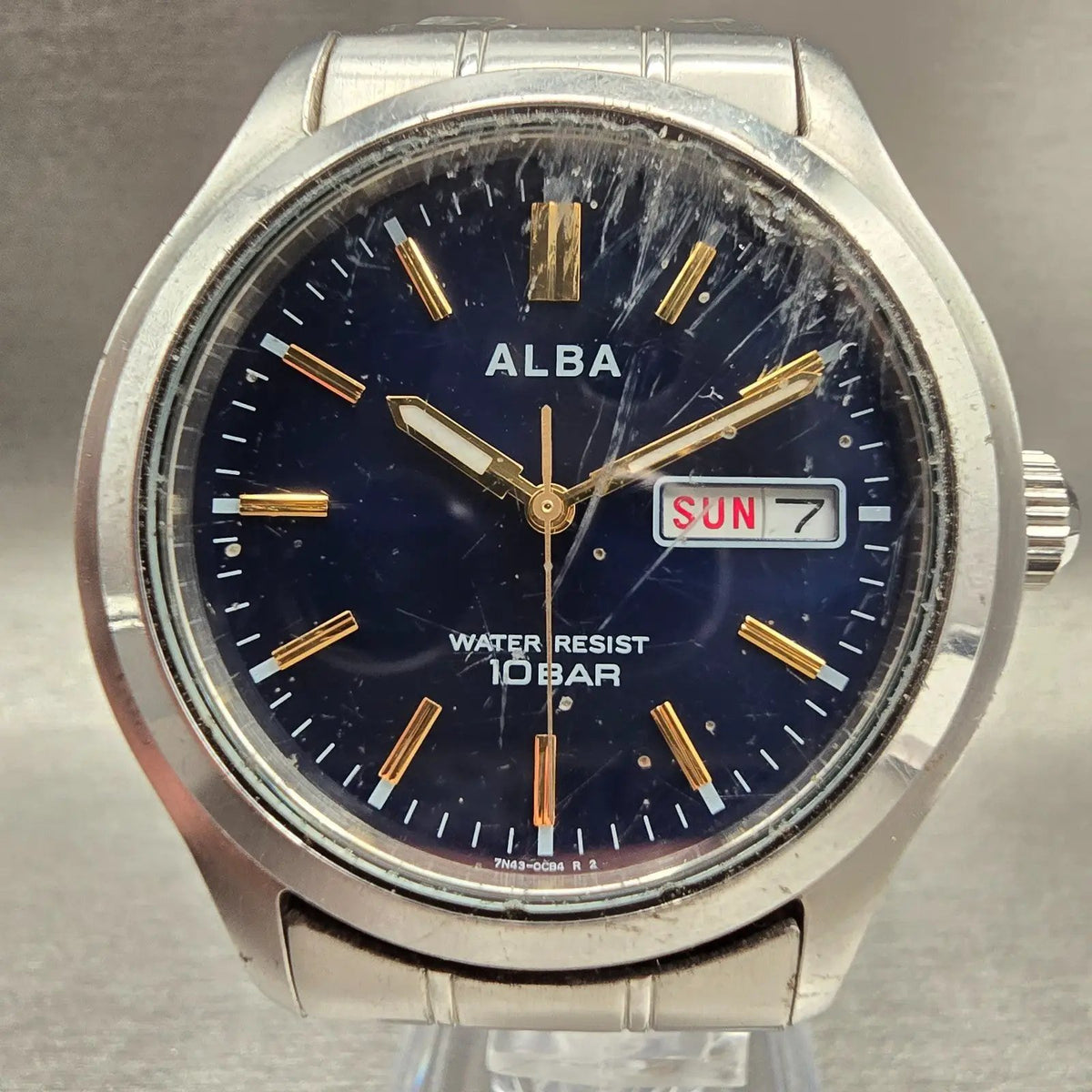 Seiko Alba Watch Men 38mm Blue Dial Silver Tone Daydate Round 7N43-0BA0 New Batt1