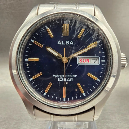 Seiko Alba Watch Men 38mm Blue Dial Silver Tone Daydate Round 7N43-0BA0 New Batt1