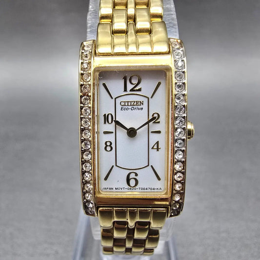 Citizen Eco-Drive Tank Watch Women 14mm White Dial Gold Crystal Bezel Works0