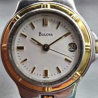 Bulova Watch Women 25mm White Dial Two Tone Date Round New Battery 98M36 Vintage1