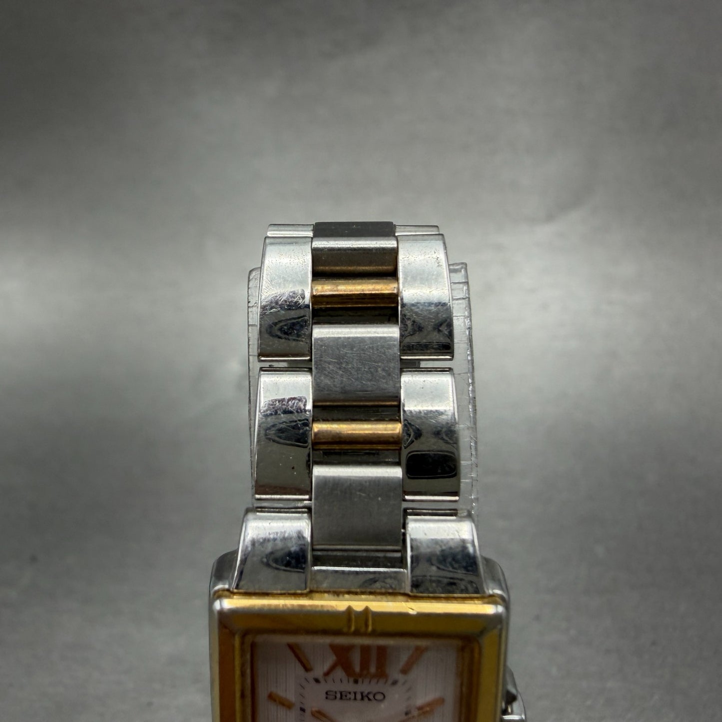 Seiko Solar Tank Watch Women 18mm White Dial Two Tone Rectangle Lukia Runs JN74
