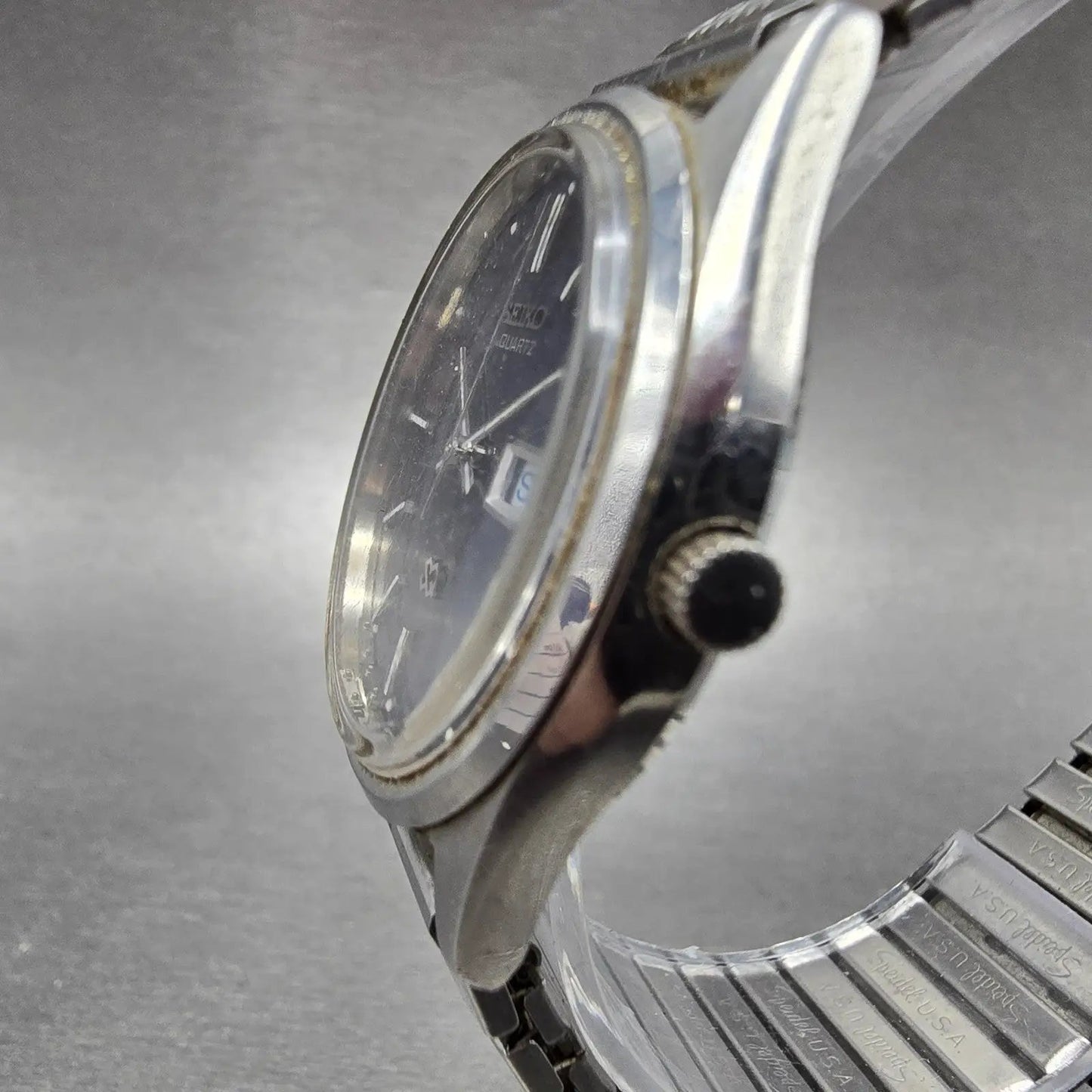 Seiko SQ Watch Men 34mm Blue Dial Silver Tone Daydate Round 8C23A PARTS Vintage3