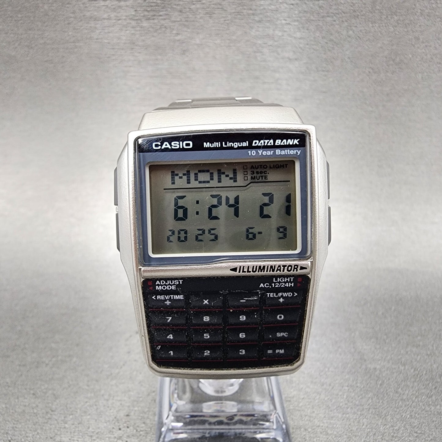 VTG Casio DBC32 Calculator Watch Men 38mm Silver Tone Rectangle New Battery0
