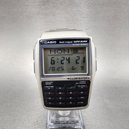 VTG Casio DBC32 Calculator Watch Men 38mm Silver Tone Rectangle New Battery0
