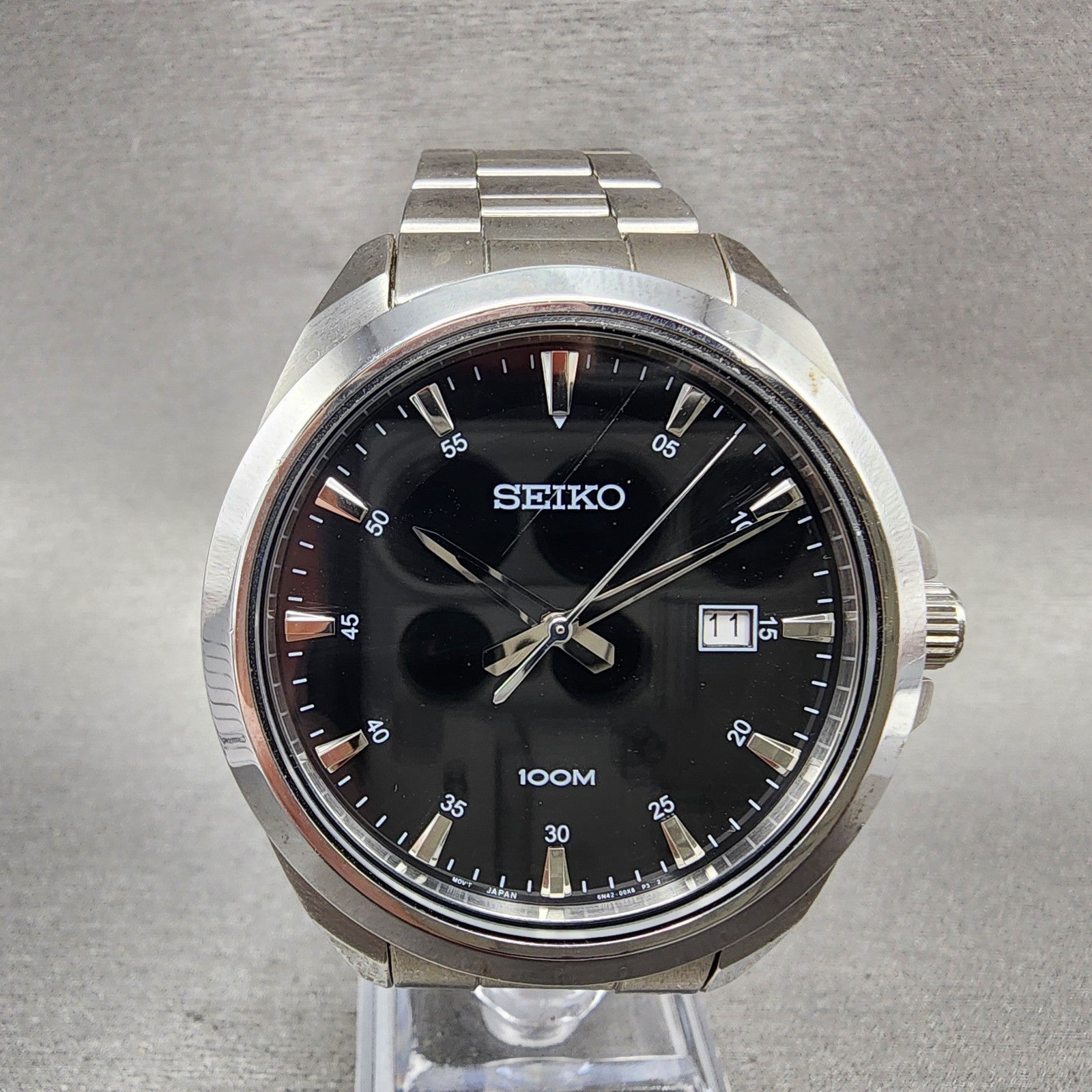 Seiko Watch Men 42mm Black Dial Silver Tone Date Round 6n4200h0 New Battery0