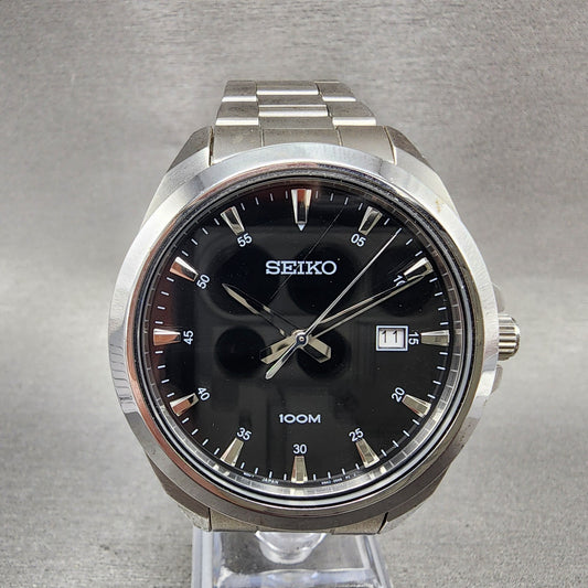 Seiko Watch Men 42mm Black Dial Silver Tone Date Round 6n4200h0 New Battery0
