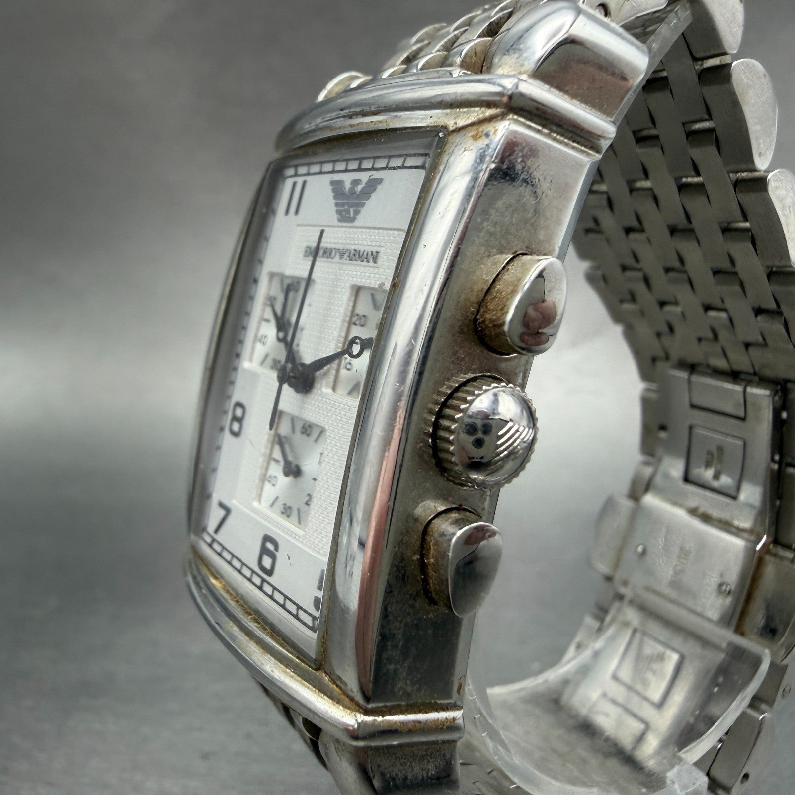 Emporio Armani Chronograph Watch Men 30mm Silver Dial Steel Date AR-0294 NewBatt2
