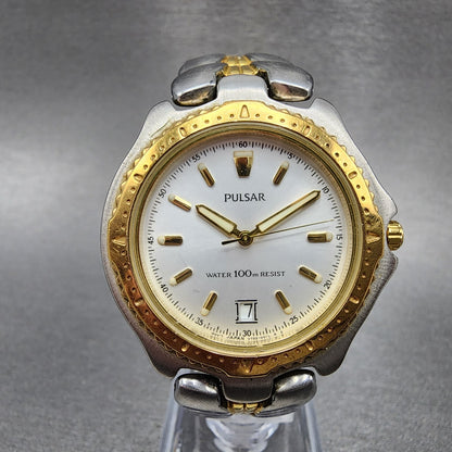Pulsar Watch Men 37mm White Dial Two Tone Date Round V732-0010 New Battery