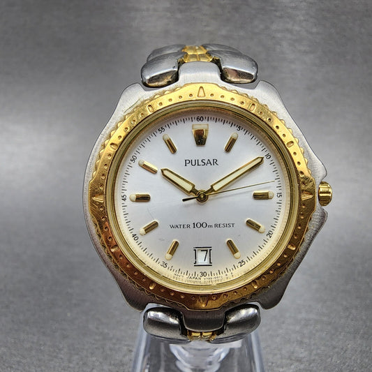 Pulsar Watch Men 37mm White Dial Two Tone Date Round V732-0010 New Battery