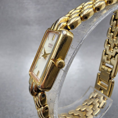 Citizen Tank Watch Women 13mm MOP Dial Gold Tone Rectangle 5421S036505 New Batt2