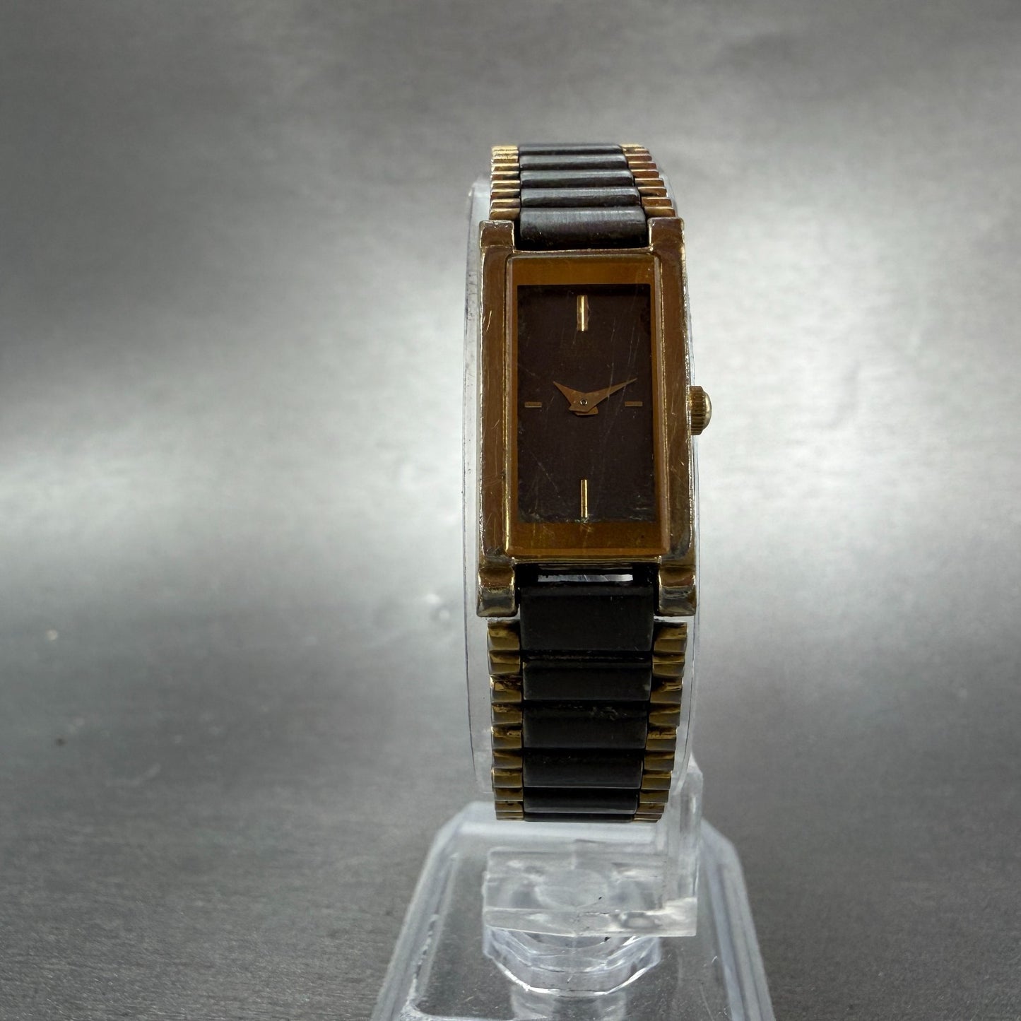 Seiko Tank Watch Women 13mm Black Dial Black & Gold Tone 1E20-551H New Battery 45