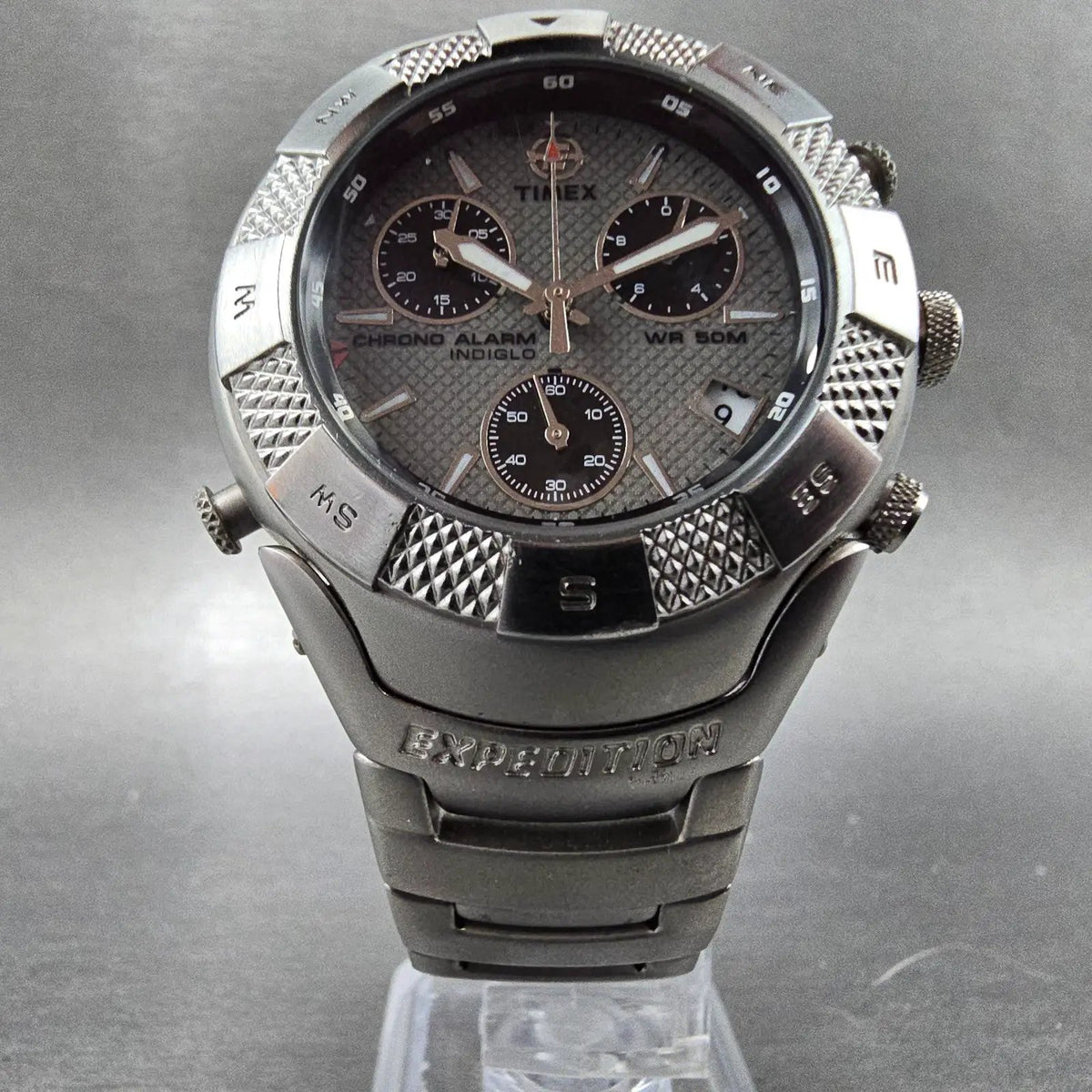 Timex Expedition Chronograph Watch Men 40mm Gray Dial Steel Date Alarm New Batt5