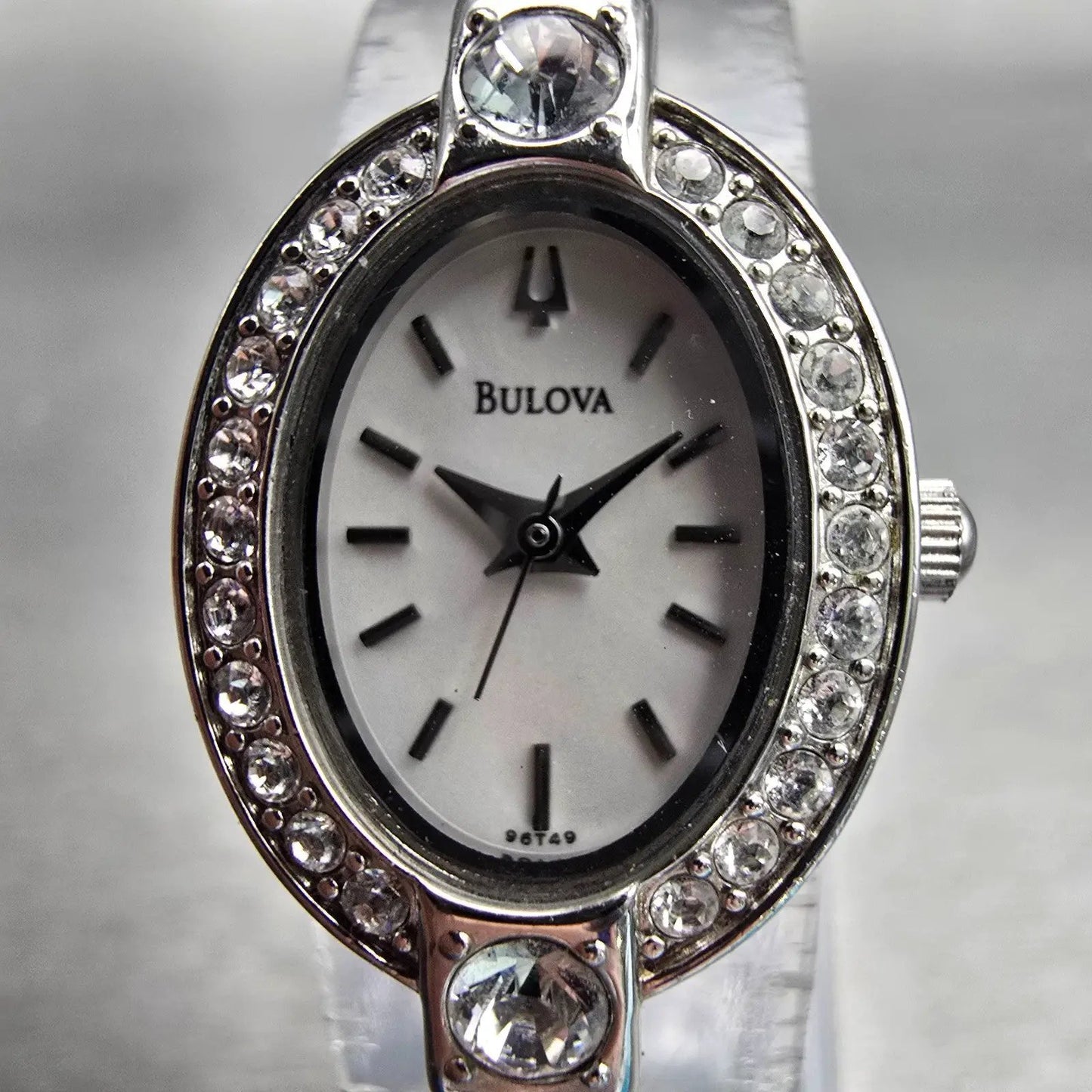 Bulova Watch Women 17mm Silver Dial Silver Tone Gemmed Oval 96T49 New Battery1