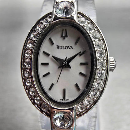 Bulova Watch Women 17mm Silver Dial Silver Tone Gemmed Oval 96T49 New Battery1