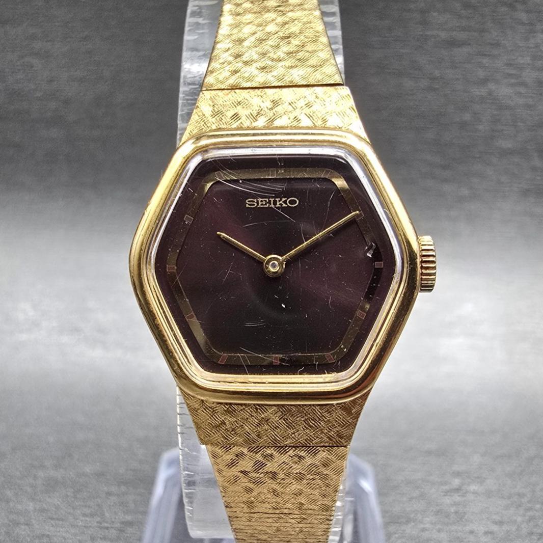 Seiko Watch Women 22mm Brown Dial Gold Tone Hexagon 1100-5390 Manual Wind Works0