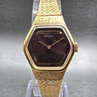 Seiko Watch Women 22mm Brown Dial Gold Tone Hexagon 1100-5390 Manual Wind Works0