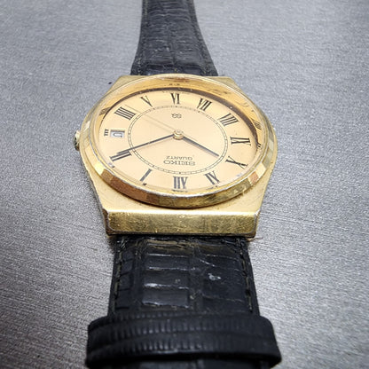 VTG Seiko SQ Watch Men 33mm Gold Dial Gold Tone Daydate Round 7122-7049 PARTS