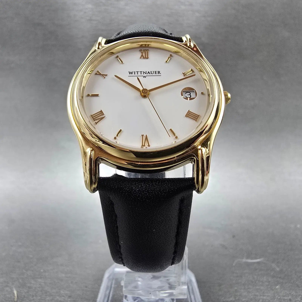 Wittnauer Watch Men 33mm White Dial Gold Tone Round Date Roman Numerals New Batt6