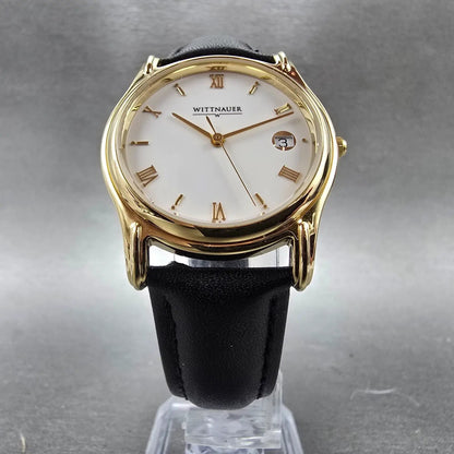Wittnauer Watch Men 33mm White Dial Gold Tone Round Date Roman Numerals New Batt6