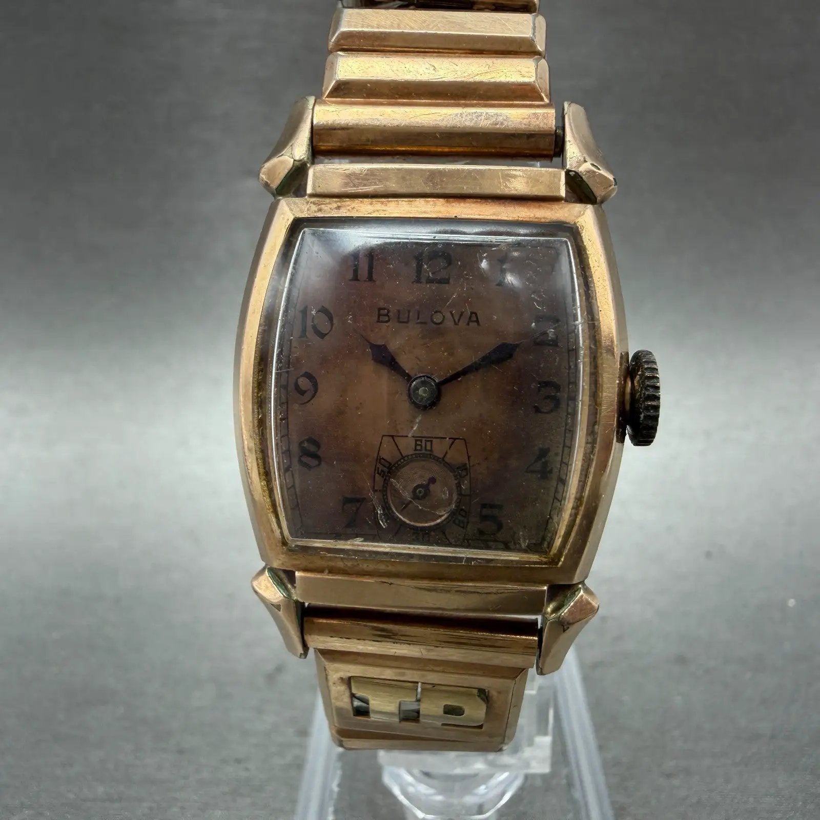 Bulova Watch Men 25mm Brown Dial Rose Gold Tone Rectangle Manual Wind PARTS1