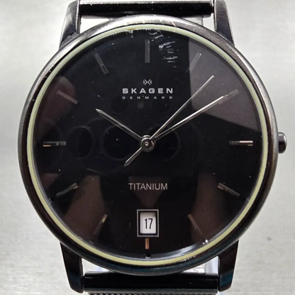Skagen Watch Men 34mm Black Dial Black Tone Titanium Date 170LTMB New Battery1