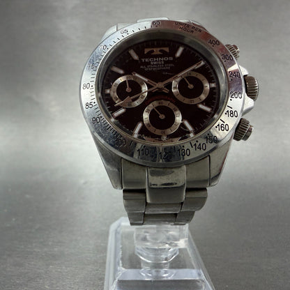 Technos Chronograph Watch Men 40mm Black Dial Silver Tone TGM615 New Battery5