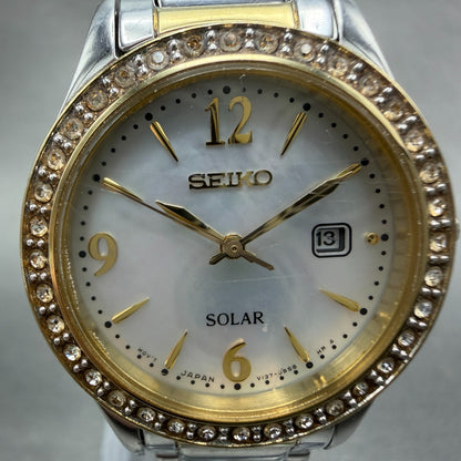 Seiko Solar Watch Women 28mm MOP Dial Two Tone Date Round V137-0AA0 Runs Diamond1