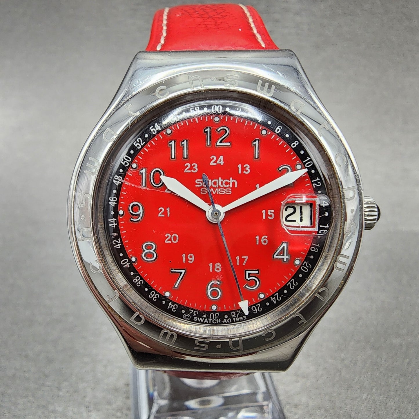 Swatch Irony Happy Joe Red Watch Men 37mm Red Dial Steel Date Round New Battery0