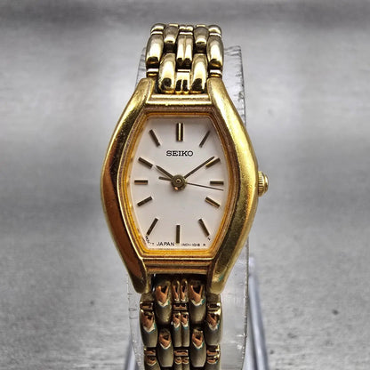 Seiko Watch Women 18mm White Dial Gold Tone Oval 1N01-5C19 New Battery Vintage0