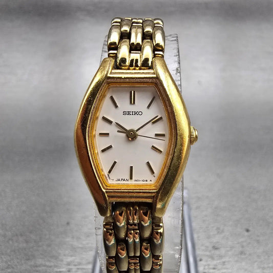 Seiko Watch Women 18mm White Dial Gold Tone Oval 1N01-5C19 New Battery Vintage0