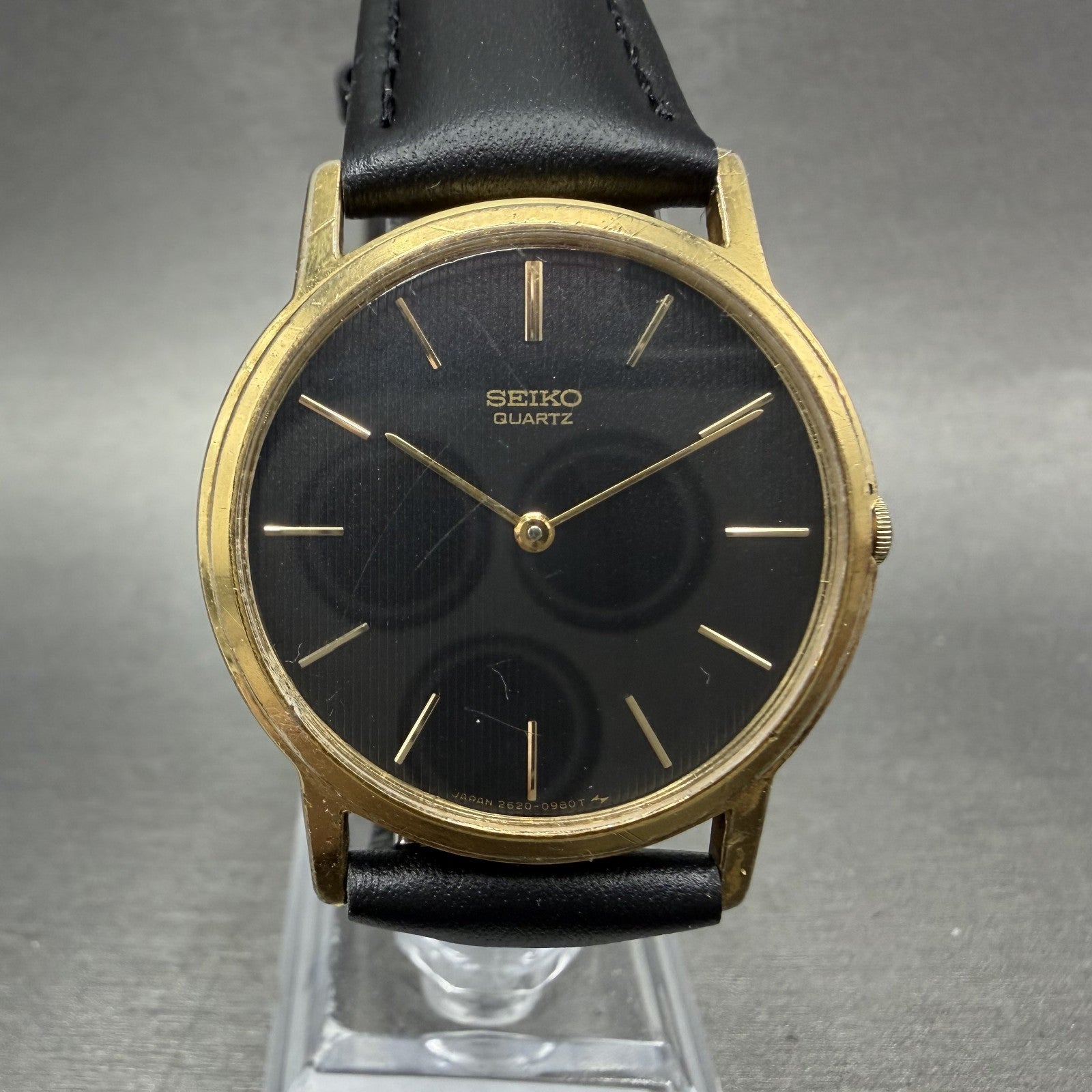 Seiko Watch Men 32mm Black Dial Gold Tone Round 2620-0209 New Battery Dress0