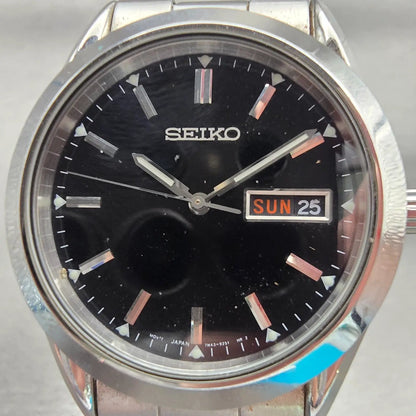 Seiko Watch Men 37mm Black Dial Silver Tone Daydate Round 7N43-9070 New Battery1