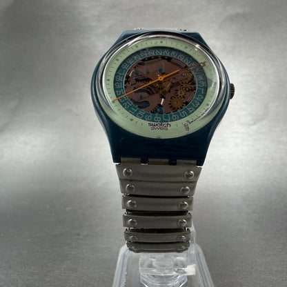 Swatch Steel Lite Watch Men 34mm Skeleton Dial Blue Tone Round New Batt5